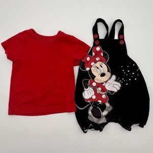Disney Baby Minnie Mouse Outfit Set Baby 24M Red Black Shirt Romper Overall